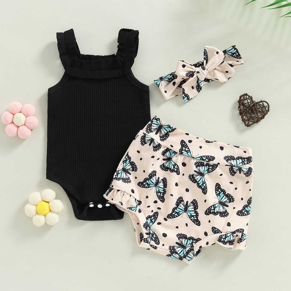 Set di abbigliamento Infantile Neonato Pantaloncini per bambina Set senza maniche e pantaloncini con stampa di fiori/arcobaleno/farfalla e fascia per capelli Set da 3 pezzi 0-18 M