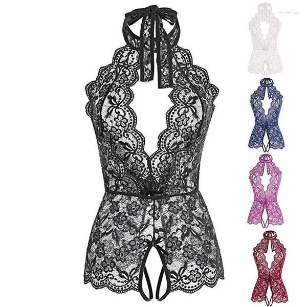 Indumenti da notte da donna Donna Deep V Open Lingerie erotica Reggiseno trasparente in pizzo Costumi sexy Body senza cavallo Intimo femminile