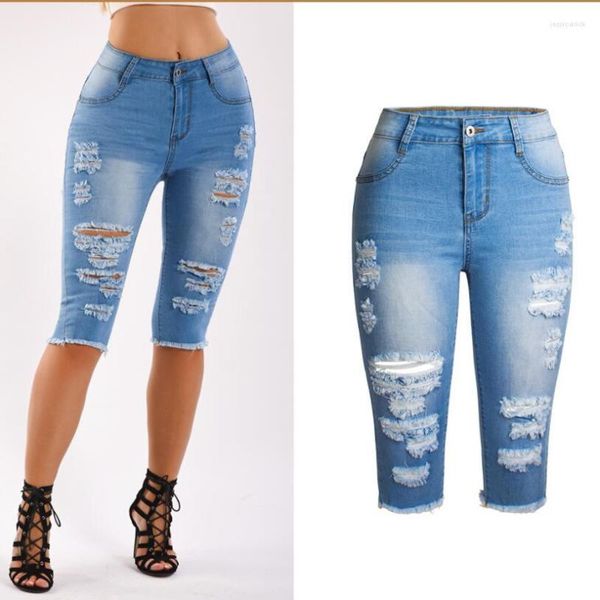 Frauen Shorts Knie Länge Zerrissene Denim Frauen Zerstört Biker Kurze Femme Sommer Bleistift Casual Loch Jeans Feminino W252