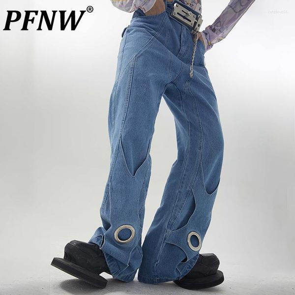 Jeans masculinos PFNW Spring Autumn Autumn's Small Lock Buckle Removable Hollow Out calça jeans Tide Linha aberta reta 12A7890