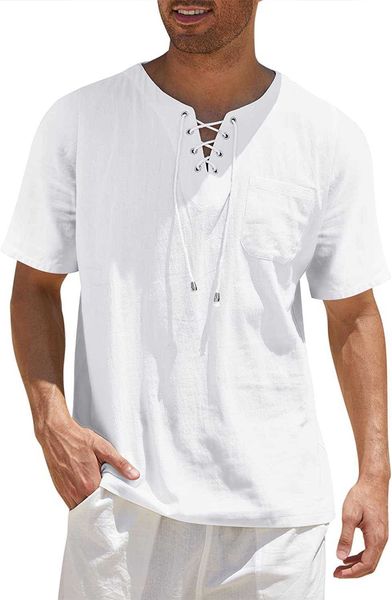 Mode Herren COOFANDY T Baumwolle Hemd Männer Sommer Casual Leinen Hemd Kurzarm Strand Lace Up Hippie