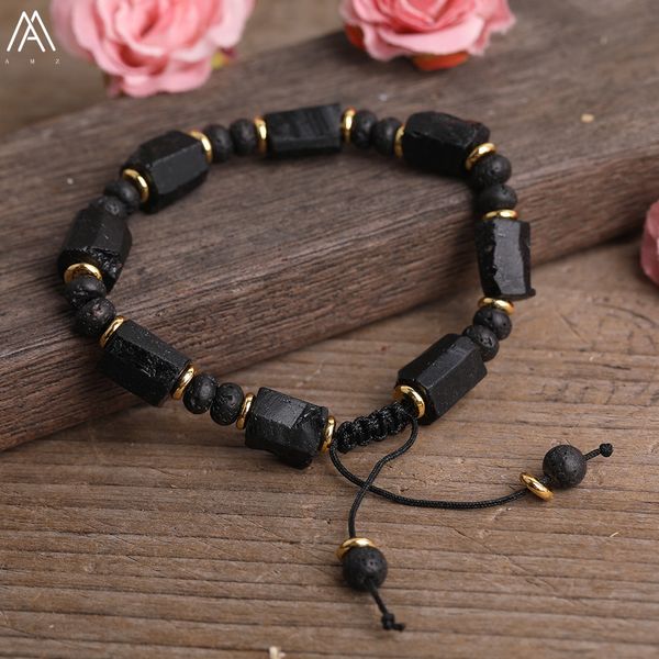 Cadeia Natural Black Tourmaline Stone Nugget Contas Lava Rondelle Cord Notado Bracelete ajustável Mulheres boho corda 230518