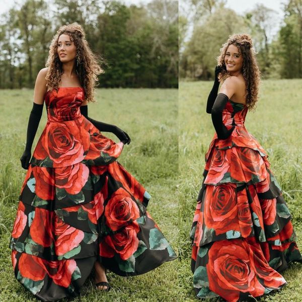 Vestido de baile floral imprimido 2K23 sem alças cetim estampa de rosa camada banheira camada lady concurso