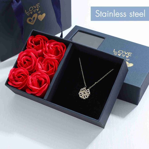 Rose Geschenkbox Vierblättrige Gras-Halskette Herz-Halskette Niedliche vierblättrige Kleeblatt-Halskette Zierliche Goldhalsketten Geschenke für FreundinL230519