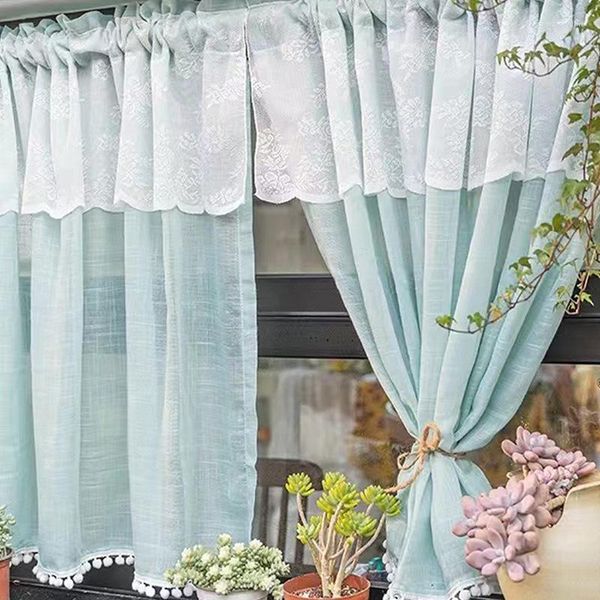 Cortina estilo coreano azul fresco renda de renda curta cortinas camada de valance para cozinha cafe farmhouse pom vara