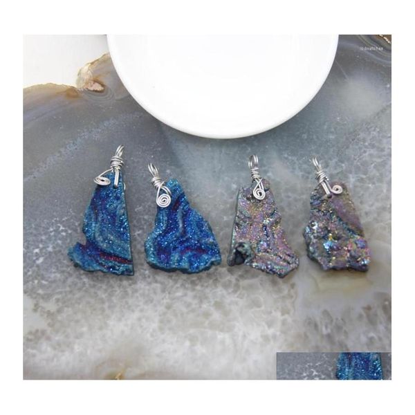 Collane con ciondolo 1 Pz Rock Agates Geode Natural Druzy Quartz Titanium Blue/Rainbow Siery Bails Gioielli fai da te Charms Collana Drop Del Dheag