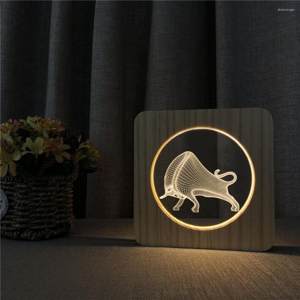 Luci notturne Bull Ox Design 3D USB LED Arylic Lampada da tavolo Interruttore di controllo della luce Intaglio per la decorazione della stanza dei bambini Goccia