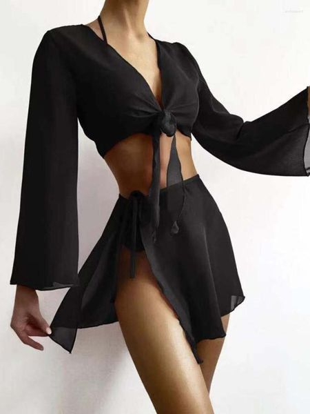 Moda de banho feminina 4 peças Biquíni de calcinha 2023 Mulheres com tampo e vestido preto fêmea de traje de banho fêmea de traje de banho Terno de banho de banho