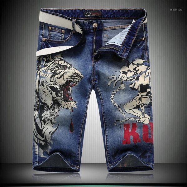 Jeans da uomo Fashion Tiger And Girl Print Pantaloncini di jeans elasticizzati dritti al ginocchio da uomo