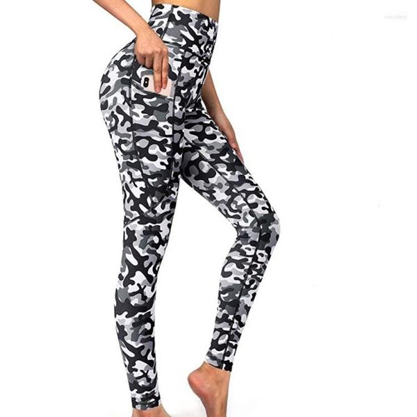 Leggings da donna Leopardo bianco Donne sexy Yoga Sport Tasca per telefono Fitness Pantaloni da corsa Elastico Abbigliamento sportivo Leggins da palestra Grigio sottile