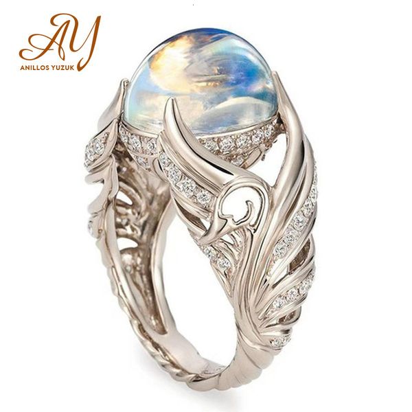 Casal toca Anilos Yuzuk Silver Jewelry Ring vintage colorido grande circular cortado com anjo asas moonstone femme 230519