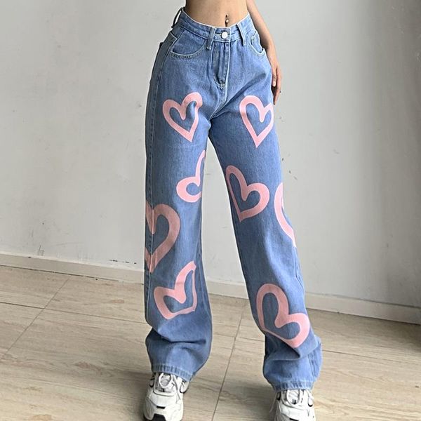 Kot kahverengi bülbeli kız kot pantolon kalp baskısı yeni estetik vintage 90s sokak kıyafeti denim pantolonlar düşük bel düz pantolon