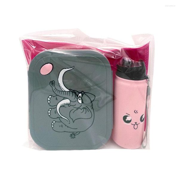 Set di stoviglie Cartoon Elephant Pattern Kids Lunch Box con bottiglia d'acqua PP Bento 4 scomparti forno a microonde sicuro