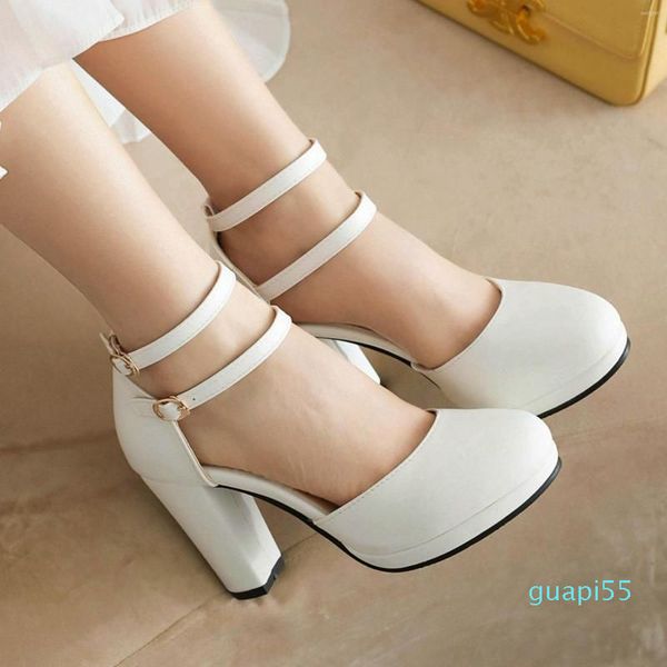 Sapatos de vestido bombas de alça de tornozelo branco para mulheres bloqueia o salto grossa de dois fivela fechada do pé marrom