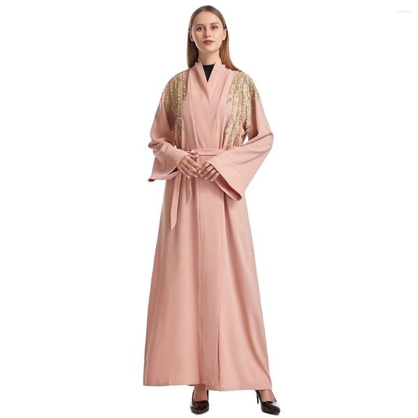 Ethnische Kleidung Damen Muslim Islamisch Saudi Arabisch Strickjacke Robe Maxikleid Dame Knöchellang Applikation Spitze Langarm Thobe Ramadan