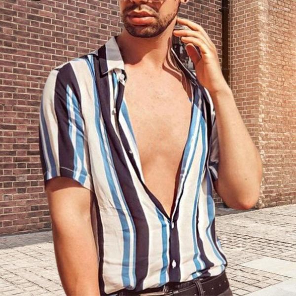 Erkek sıradan gömlekler erkekler üstleri model gömlek 2023 kısa kollu patchwork şerit bluz tek göğüslü yaz seksi erkek giyim