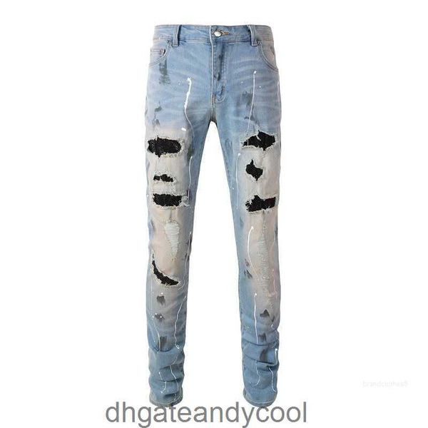 Calças quentes dos homens denim homem queda amirres perfurados buraco jeans designer lavado fino ajuste remendo marca de moda elástica 4tq8