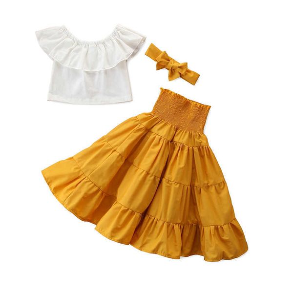 Conjuntos de roupas 1-7y verão crianças bebê menina branco plissado camiseta colheita topos amarelo saia cintura alta 3 pçs roupas meninas conjunto