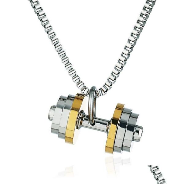 Anhänger Halsketten Edelstahl Gold Hantel Fitness Männer Punk Rock Langhantel Halskette Schmuck Geschenk für ihn mit Box Chainpendant Dr Dhbde