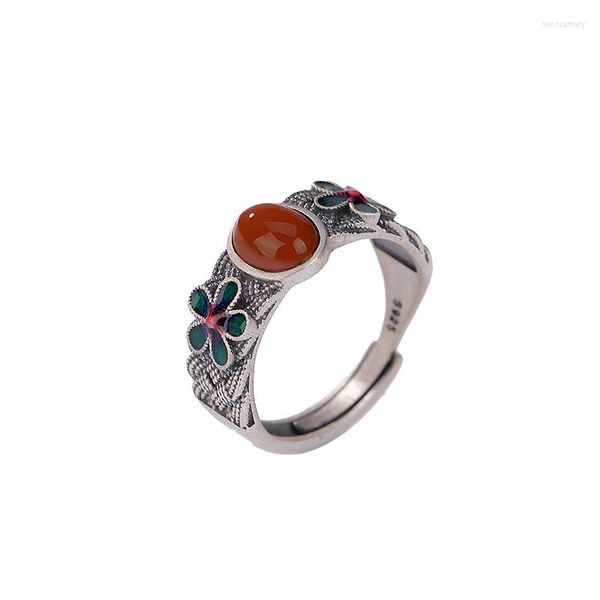 Anelli a grappolo S925 Sterling Silver Southern Red Vintage Old Cloisonne Flower Woven Ring Temperament Plum Blossom Open Finger
