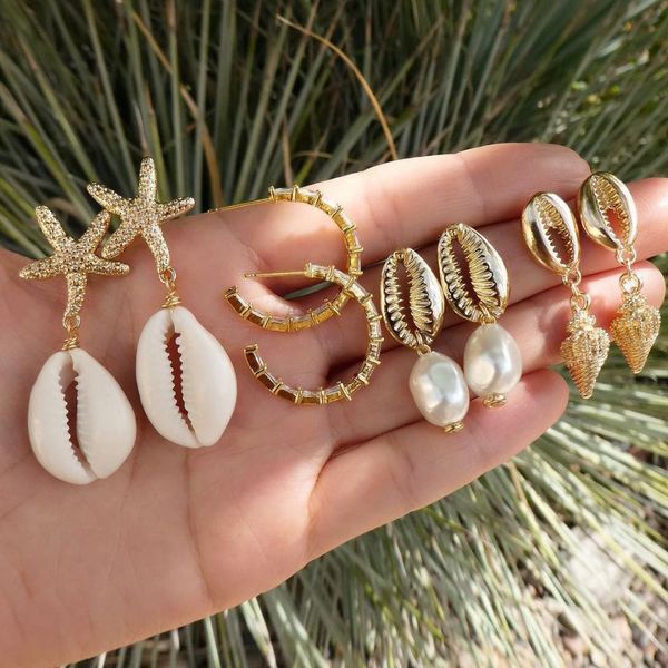 Ciondola il lampadario Bohemia Shell Starfish Earring set per le donne Summer Beach Pearl Conch Drop Geometric Girls Fashion Jewelry 230519
