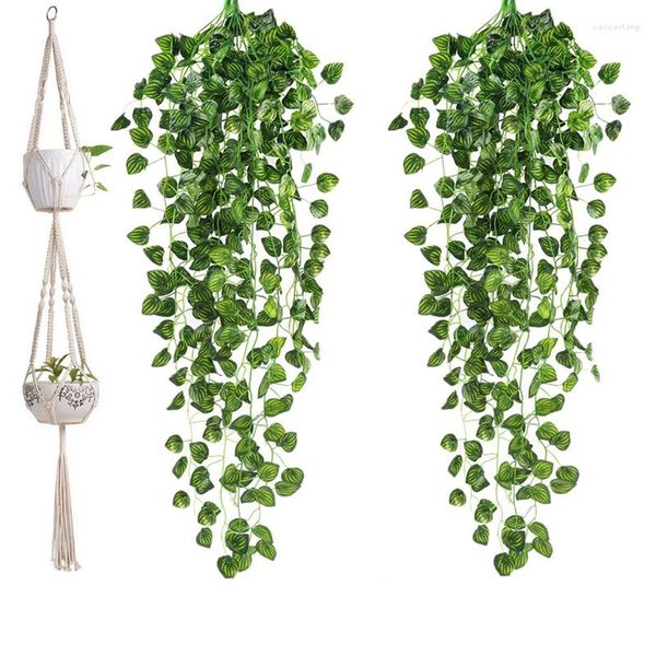 Flores decorativas LUDA 1 PCS MacRame Double Plant Hanger 2 Plantador pendurado de camada 2pcs Ivy artificial Garland Fake Vine Plants