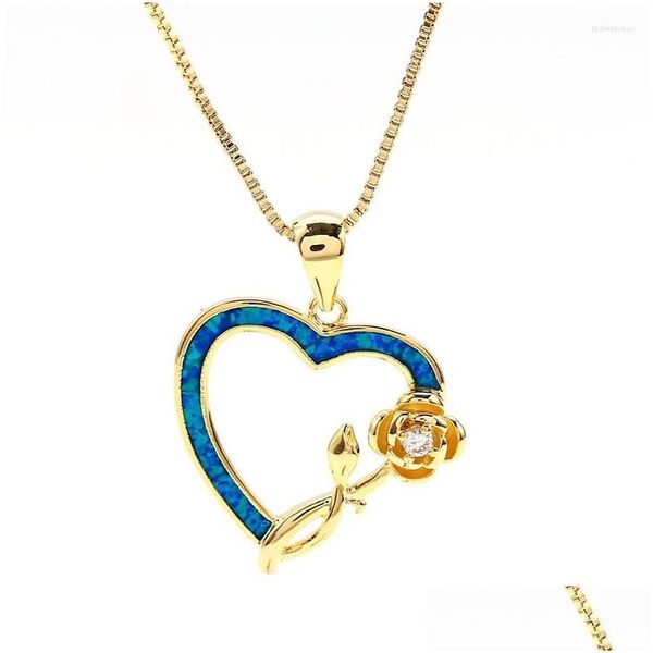 Collane con ciondolo Collana con cuore in opale blu bianco Collana con catena color argento oro vintage Fiore rosa romantico per gioielli da donna Drop Delivery P Dhvl3