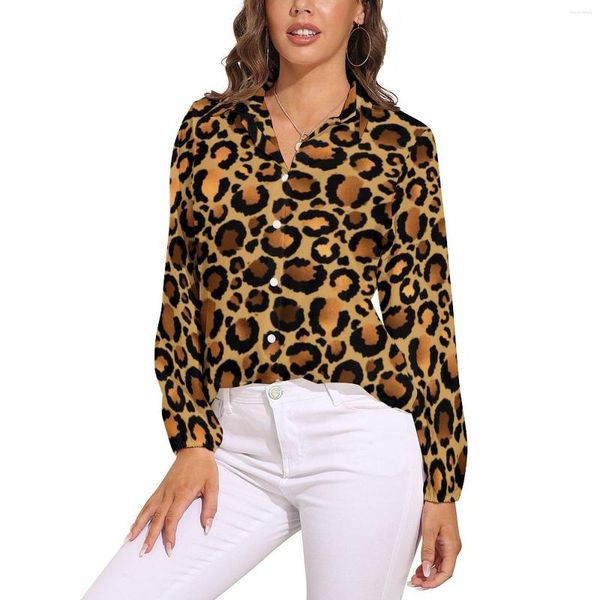 Camicette da donna Elegante camicetta leopardata marrone Stampa di animali selvatici Camicie streetwear a maniche lunghe da donna personalizzate da ufficio Top oversize autunnale