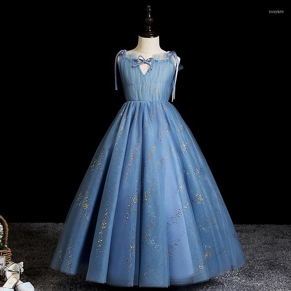 Mädchen Kleider Abendkleid Pailletten Elegant Einfach Spaghettiträger V-Ausschnitt Falte Bodenlang Ballkleid Blau Party Blume B1853