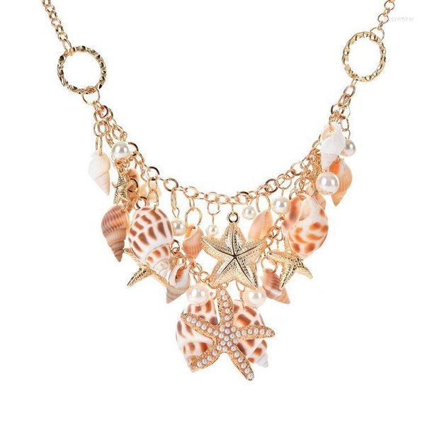 Anhänger Halsketten 2023 Goldfarbe Chunky Sea Shell Starfish Faux Pearl Bib Statement für Frauen Blume Gemischte Halskette