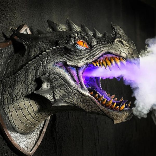 Gartendekorationen Dragon Legends Prop 3D Wandmontierte geräucherte LED mit Kopf Dinosaurier Dekor hängende Statue Kunst Skulptur Licht P7K0 230518