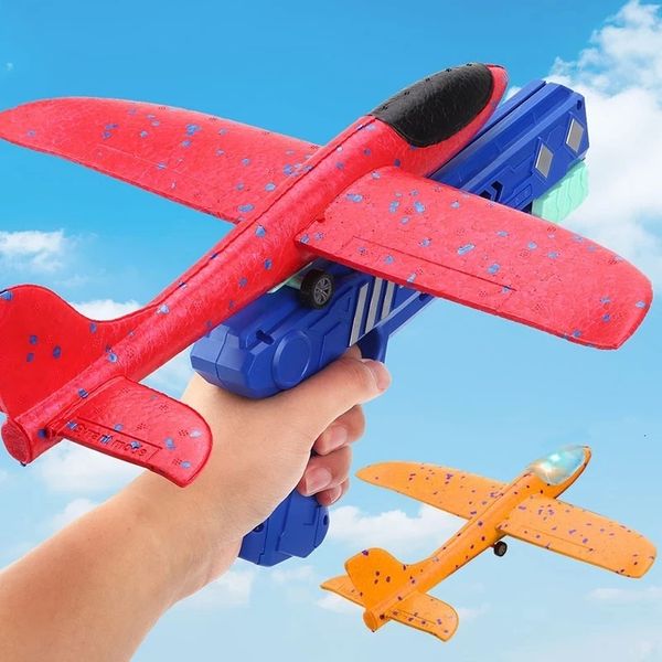 Diecast Model Kids Foam Plane 10M Launcher Catapult Airplane Gun Toy Bambini Gioco all'aperto Bubble Shooting Fly Roundabout Giocattoli Regali 230518