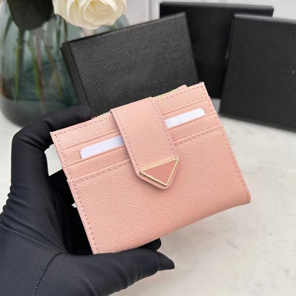 Titular do Cartão Carteira Curta Feminina Masculina Carteiras de Moedas Bolsa com Zíper Couro Couro Genuíno Mini Clutch Bags Triângulo Couro Saffiano de Alta Qualidade