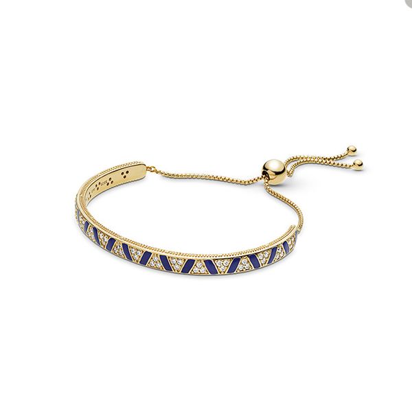 Blaue Streifen und Steine Golden Slider Armband für Pandora 925 Sterling Silber Hochzeitsarmbänder Designerschmuck für Frauen Mädchen Armband mit Originalverpackung