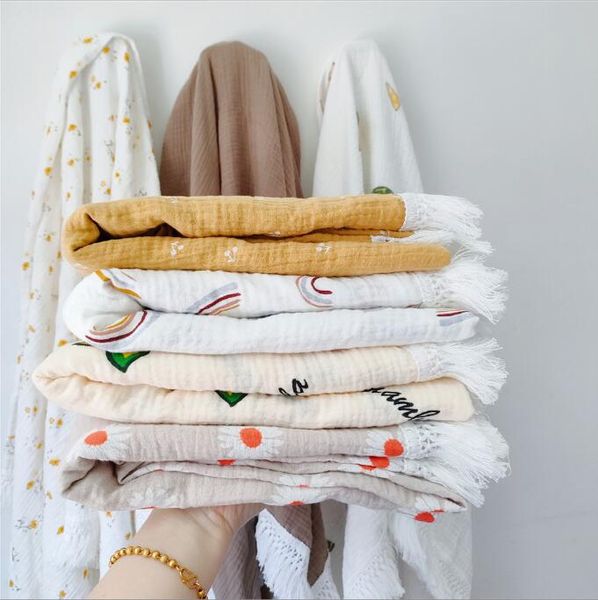 Baby Muslin Swaddle Swadding Tassel Toalhas com franjas de algodão embrulhada de gaze de camada dupla Cobertoras de banheiro