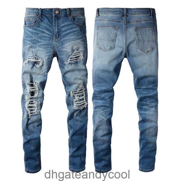 Calças estilo designer denim homem high street amirres luz azul jeans lavagem faca de água corte grande dano remendo emagrecimento elástico jeans marca de moda masculina y56s