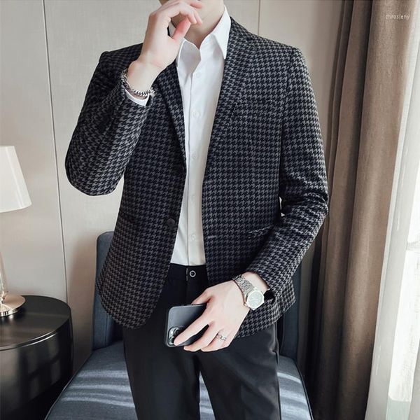 Ternos masculinos Plyesxale Velvet Houndstooth Blazer para Men Fashion Business Office Casual Dress Suites Top Quality Masculino Blazers Q789