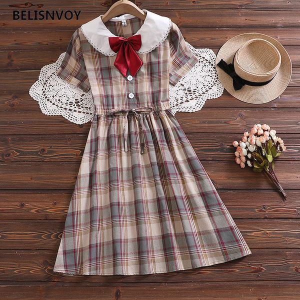 Kleider Frauen Peter Pan Kragen Mit Bowknot Kleid Retro Plaid Harajuku Kawaii Mädchen Adrette Sommerkleid Sommer Ulzzang Midi Kleid