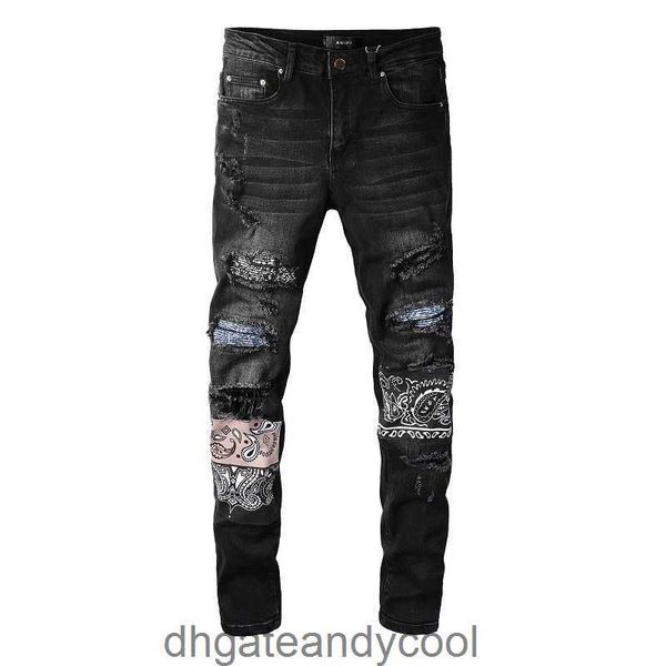 New Denim Amir's Amirres Made Jeans Designer 23SS Calças Velho Homem Caju Flor com Buracos Moda High Street Black Wash Slimming Jeans Calças Homens QTN2