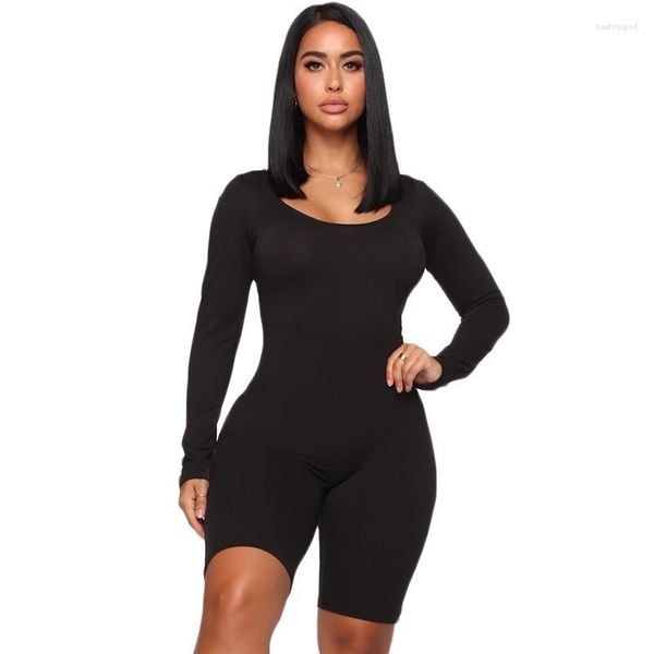 Kadın Tulumları Seksi Kadınlar Solid Bodycon Slim Romper Tulum Şortları Bayan Günlük Fitness Egzersiz Streç Playsuit Uzun Kol Kıyafetleri