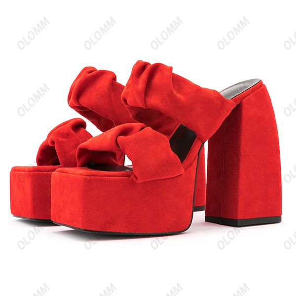 Olomm New Handmade Women Platform Mules Sandali Block Heels Open Toe Gorgeous Red Fucsia Yellow Party Shoes US Plus Size 34-43