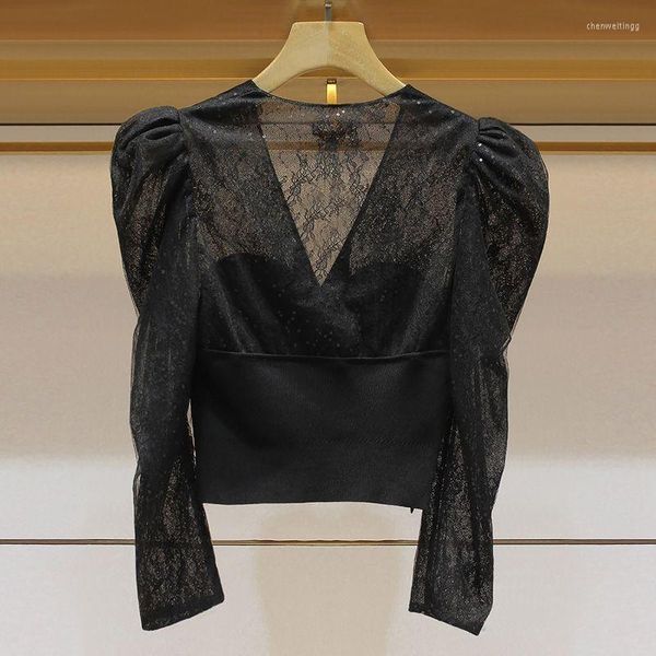 Camicette da donna Leggings in pizzo nero Top a maniche lunghe in filato netto da donna 2023 Camicia corta in chiffon stile collezione primavera e autunno