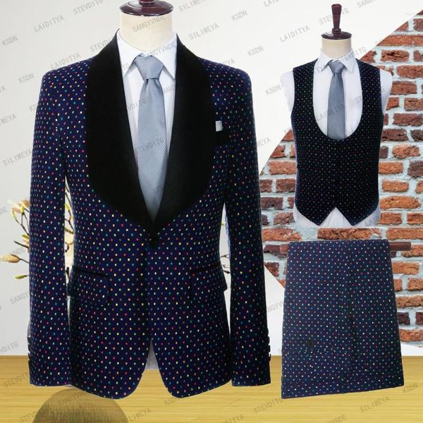 Herrenanzüge 2023 Teal Polka Dots Herrenanzug Slim Fit Hochzeitskleidung Business Marineblau Set Elegantes Kostüm Mariage Homme 3-teilig