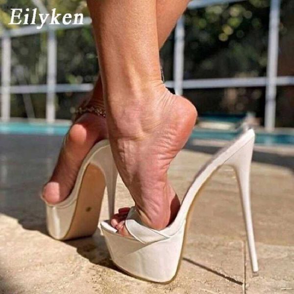 Terlik Eilyken El Yapımı Tarak Kadın Platformu Slingback Sandals Patent Deri Seksi Stiletto Topuk Açık Ayak parmağı Güzel Beyaz Ayakkabı J230519