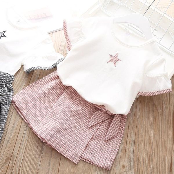 Roupas conjuntos de saia para meninas de verão Conjunto de camiseta doce de cor sólida estrela curta Manga curta Lace Up Bow Elast