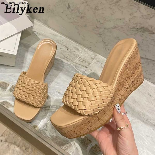 Hausschuhe Eilyken Neue Keile Weben Frauen Hausschuhe Sommer Super High Heels Schuhe Sexy Plattform Offene spitze Holzmaserung Damen Sandalen J230519