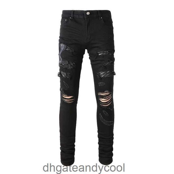 Schwarze Denim-Jeans der Marke Amirres, Designer-Hosen, modische Herren-High-Street-Stickerei-Jeans mit Löchern, hübsche, gerüschte Hosen, schmale Stretch-Hosen für Männer QYG5