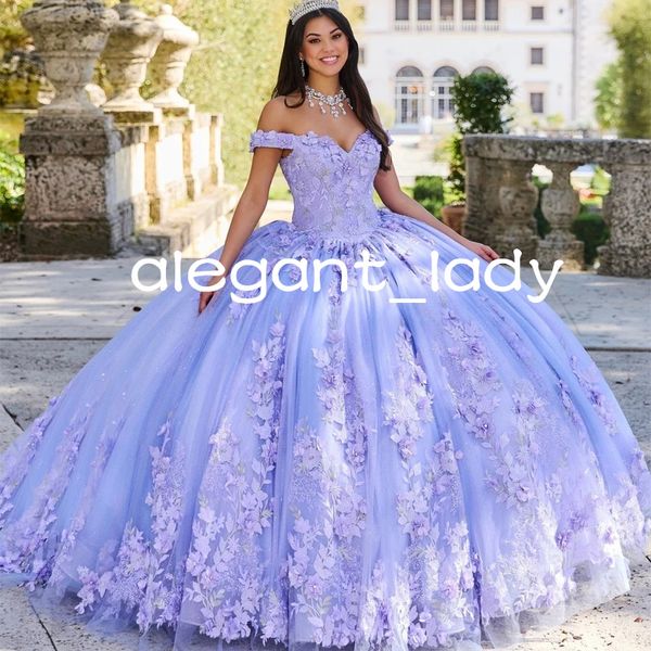 Lavender Lilac Quinceanera Планты с плеча 3D цветы Applique Creset Corset Sweet 15 16 Платье для вечеринки по случаю дня рождения.