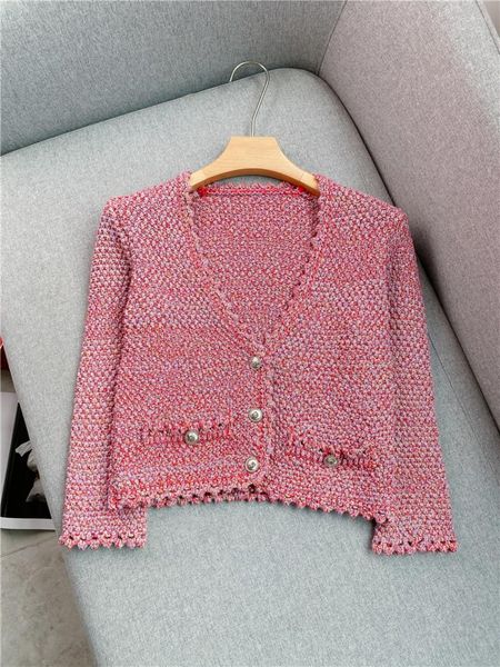 Gilet da donna MAJE con scollo a V Fashion Short Pink Cardigan Women 2023 Summer Commuter Slim a maniche lunghe in maglia Top Vest