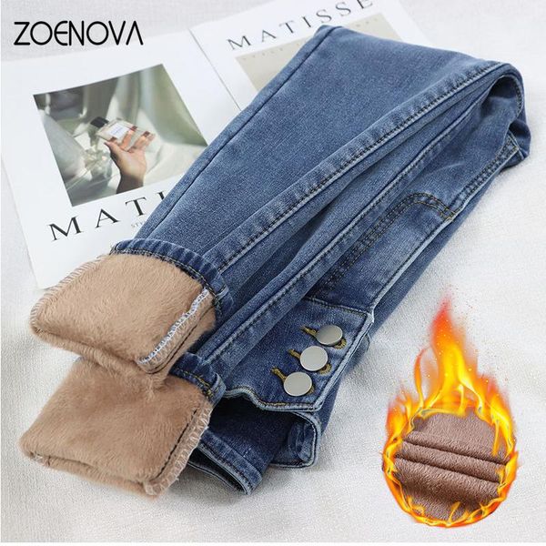 Jeans zoenova feminino lã de lã de inverno jeans quentes calças grossas calças elásticas de cintura alta mãe jean shtep lápis calça quente perna quente